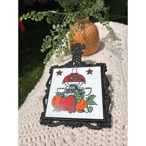 Vintage Trivet Ceramic Tile & Iron Oil Lamp, Fruit, & Stars